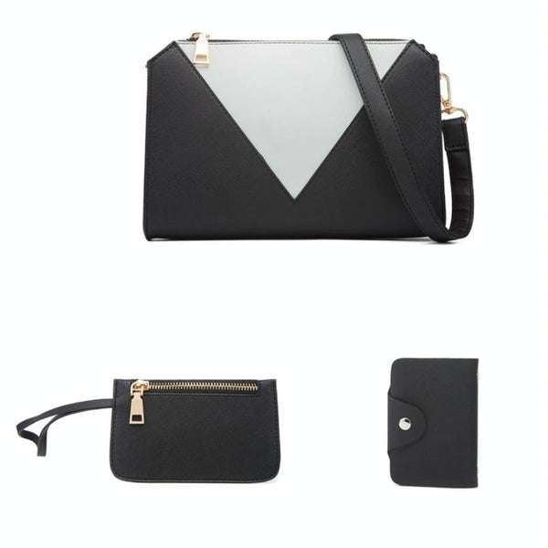3 Pce Faux PU Leather V Top Diagonal Tote Shoulder Crossbody Bag Card Holder Navy