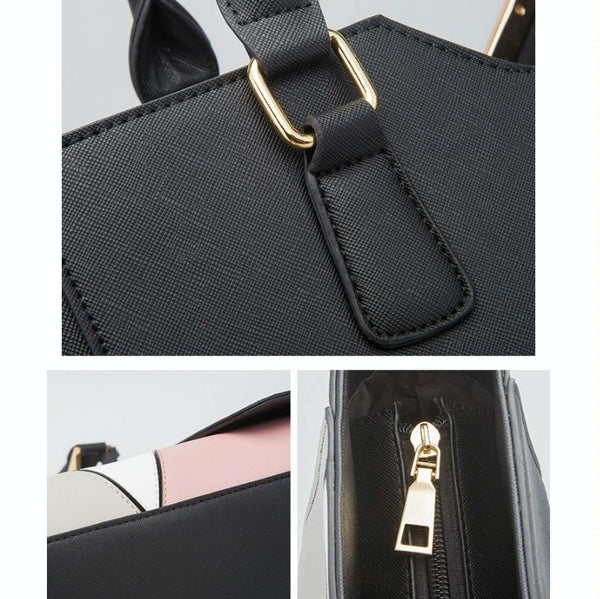 3 Pce Faux PU Leather V Top Diagonal Tote Shoulder Crossbody Bag Card Holder Navy