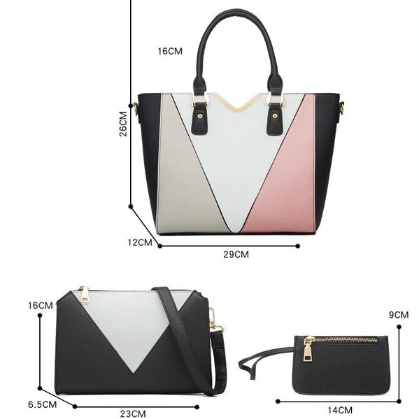 3 Pce Faux PU Leather V Top Diagonal Tote Shoulder Crossbody Bag Card Holder Navy