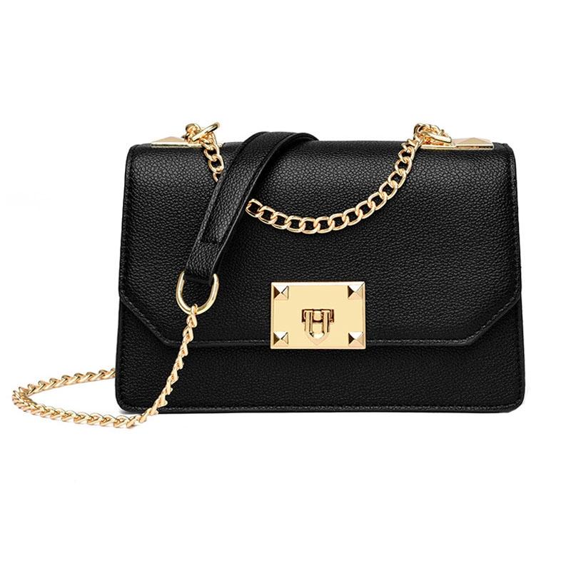 Faux PU Leather Square Flap Lock Shoulder Crossbody Bag For Women Black