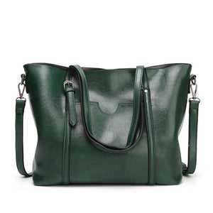 Wax Finish Faux PU Leather Tote Shoulder Bag Handbag Buckle Detail Green