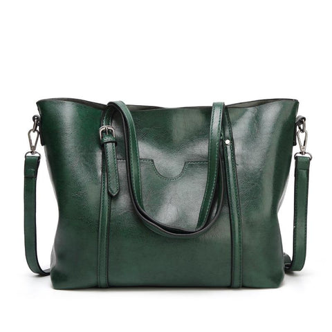 Wax Finish Faux PU Leather Tote Shoulder Bag Handbag Buckle Detail Green