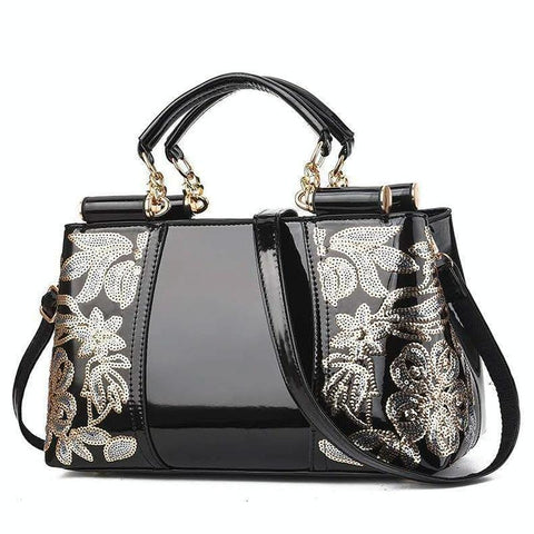 Patent Look PVC Shoulder Bag Handbag Floral Sequin Pattern Metal Accents Black