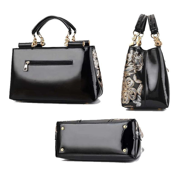 Patent Look PVC Shoulder Bag Handbag Floral Sequin Pattern Metal Accents Black