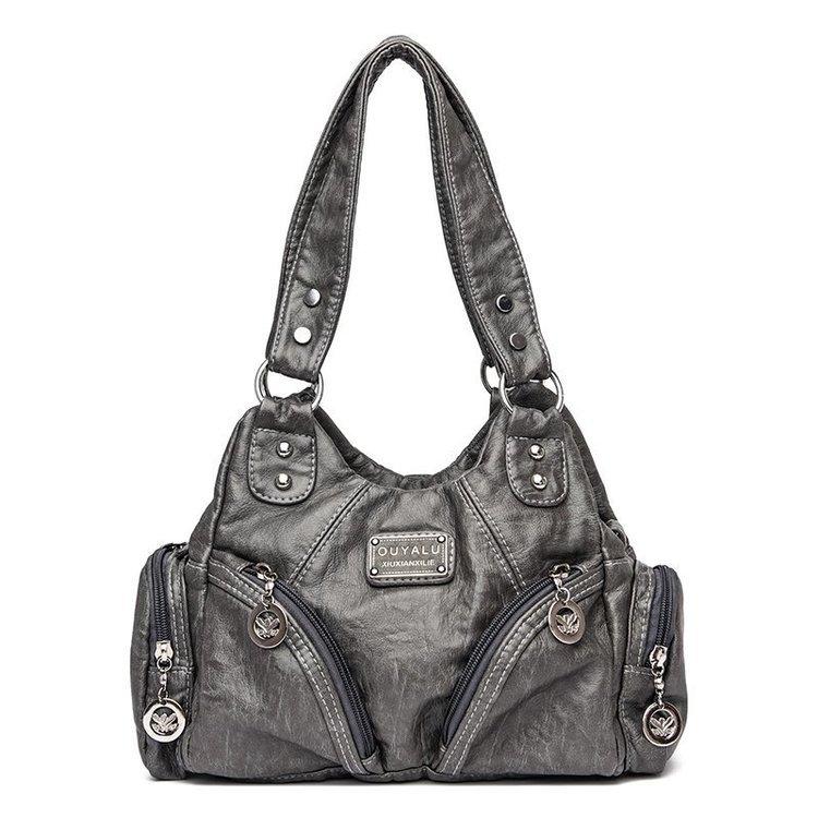 Faux PU Leather Hobo Motorcycle Bag Buckle Zip Black