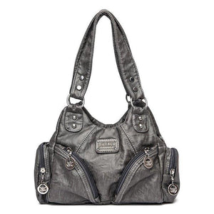Faux PU Leather Hobo Motorcycle Bag Buckle Zip Black