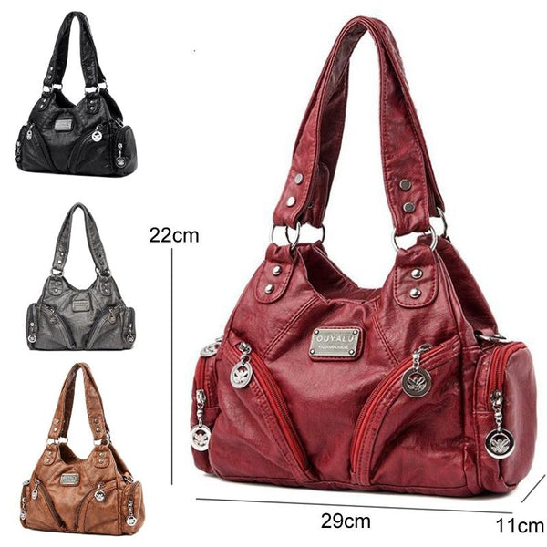Faux PU Leather Hobo Motorcycle Bag Buckle Zip Black