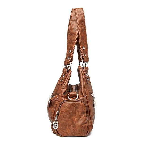 Faux PU Leather Hobo Motorcycle Bag Buckle Zip Black