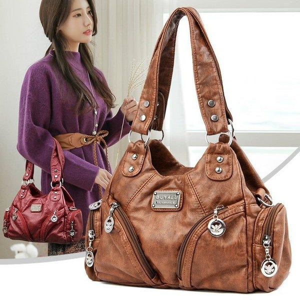 Faux PU Leather Hobo Motorcycle Bag Buckle Zip Black