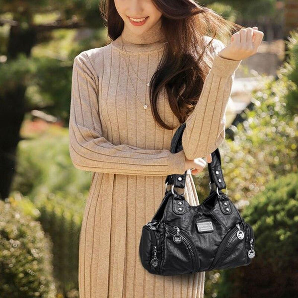 Faux PU Leather Hobo Motorcycle Bag Buckle Zip Black