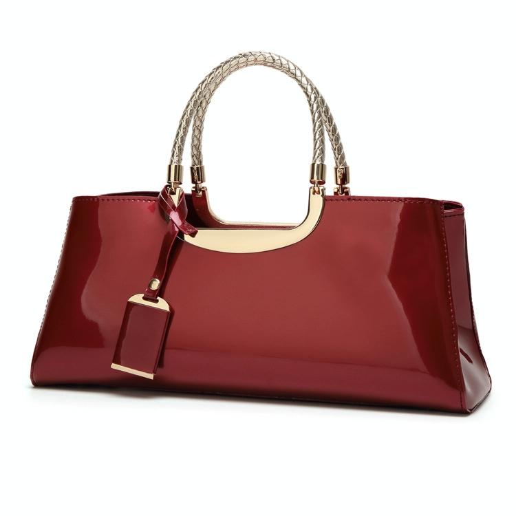 Patent PU Leather Womens Handbag Metal Rope Look Handles Gold Trim Red Wine