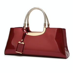 Patent PU Leather Womens Handbag Metal Rope Look Handles Gold Trim Red Wine
