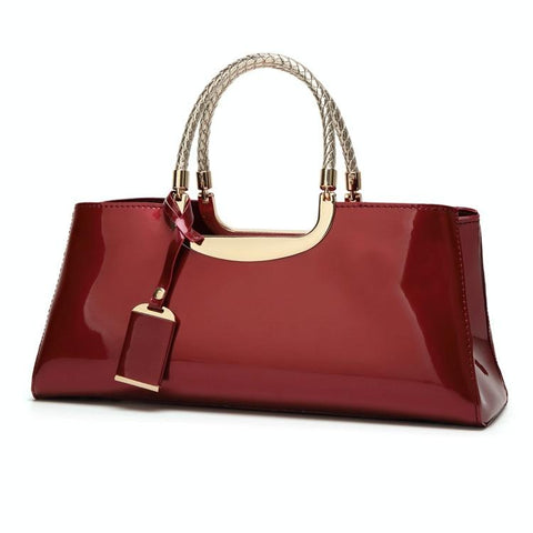Patent PU Leather Womens Handbag Metal Rope Look Handles Gold Trim Red Wine