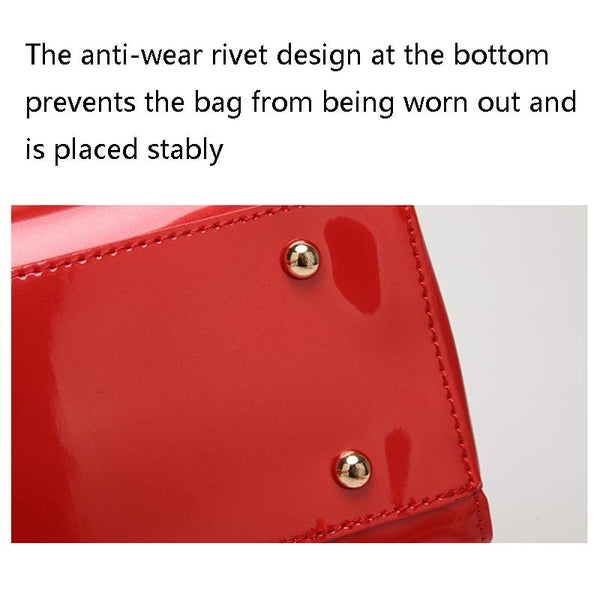 Patent PU Leather Womens Handbag Metal Rope Look Handles Gold Trim Red Wine