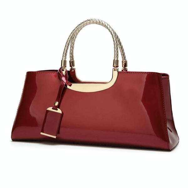 Patent PU Leather Womens Handbag Metal Rope Look Handles Gold Trim Red Wine