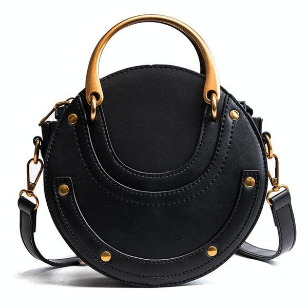 Retro Look Circular Shape PU Leather Mini Shoulder Bag Handbag Black