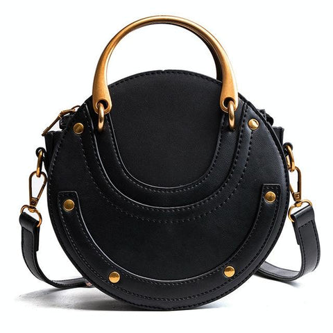 Retro Look Circular Shape PU Leather Mini Shoulder Bag Handbag Black