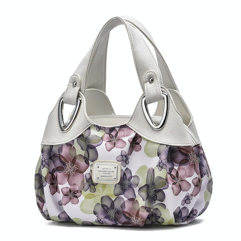 Faux PU Leather Slouchy Bucket Bag Handbag Multi Pocket White Handle Green Floral