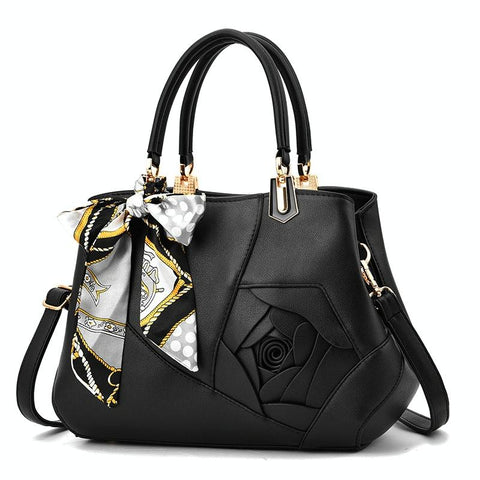 Faux PU Leather 3D Rose Design Tote Shoulder Bag Handbag Scarf Trim Black
