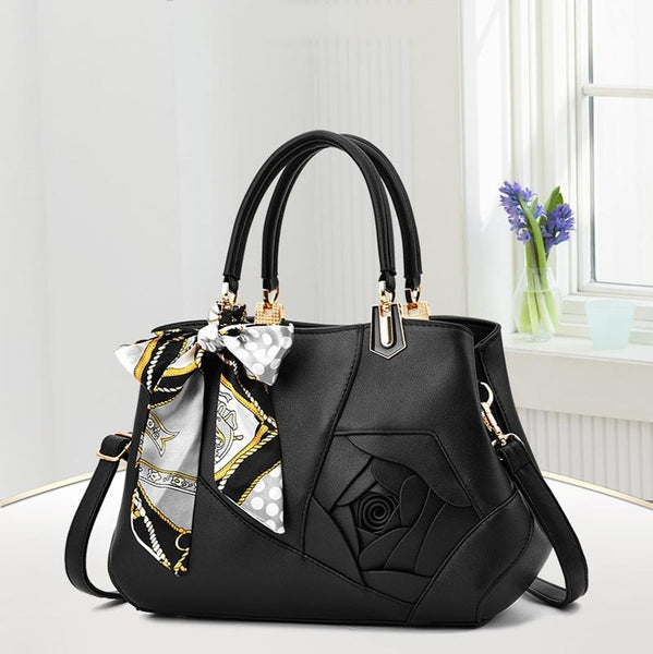 Faux PU Leather 3D Rose Design Tote Shoulder Bag Handbag Scarf Trim Black