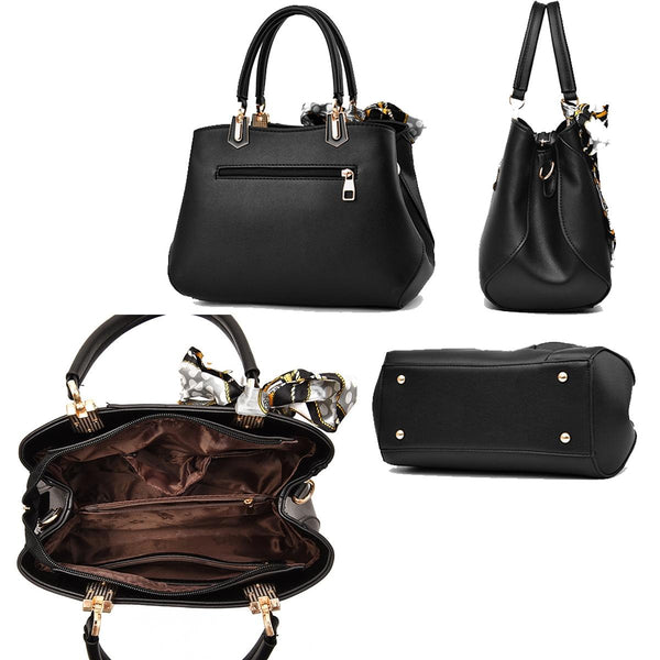 Faux PU Leather 3D Rose Design Tote Shoulder Bag Handbag Scarf Trim Black