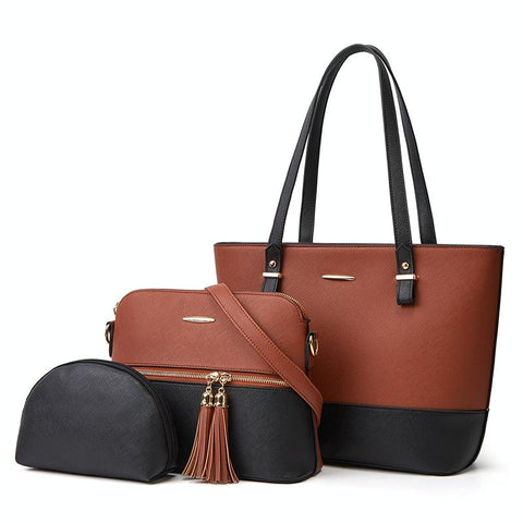 3Pce Faux PU Leather Tote Crossbody Shoulder Bag Handbag Coin Purse Brown Black