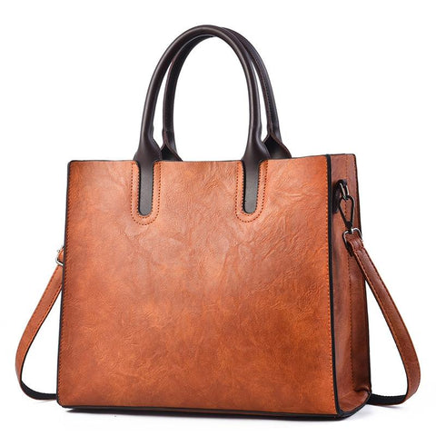 Classic Faux PU Leather Square Tote Bag Handbag Shoulder Strap Khaki