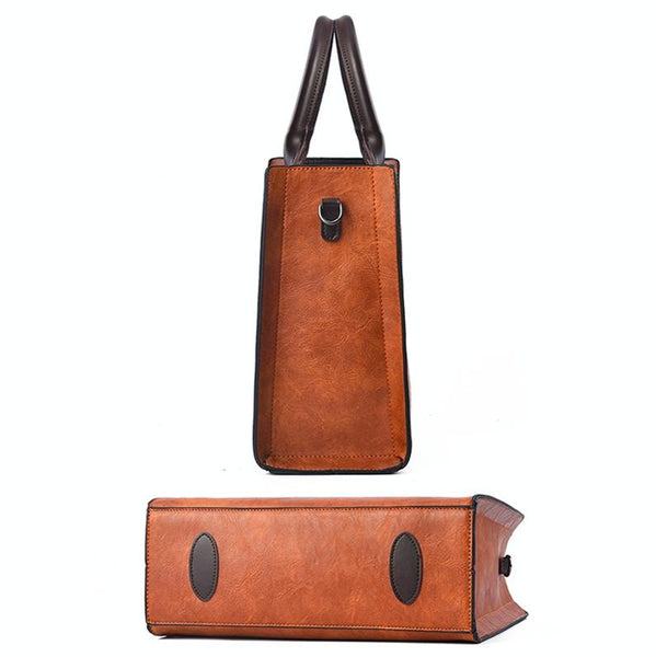 Classic Faux PU Leather Square Tote Bag Handbag Shoulder Strap Khaki