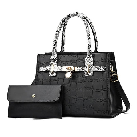 2 Pce Faux Crocodile PU Leather Tote Shoulder Clutch Bag Handbag Black