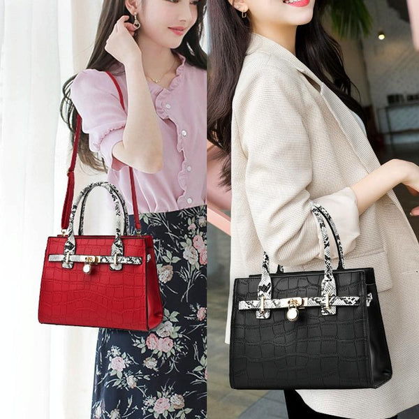2 Pce Faux Crocodile PU Leather Tote Shoulder Clutch Bag Handbag Black