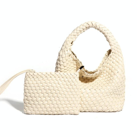 Woven Mini PU Leather Crossbody Shoulder Clutch Bag Handbag Set Milkshake