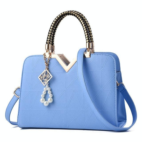 Faux PU Leather Crossbody Shoulder Bag Handbag V Top Faux Pearl Charm Light Blue