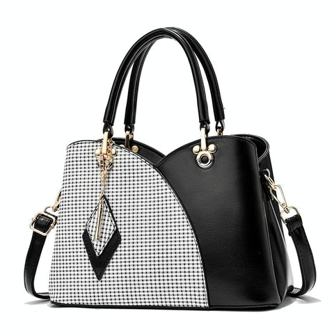 Faux PU Leather Tulip Top Checked Bucket Shoulder Bag Handbag Black