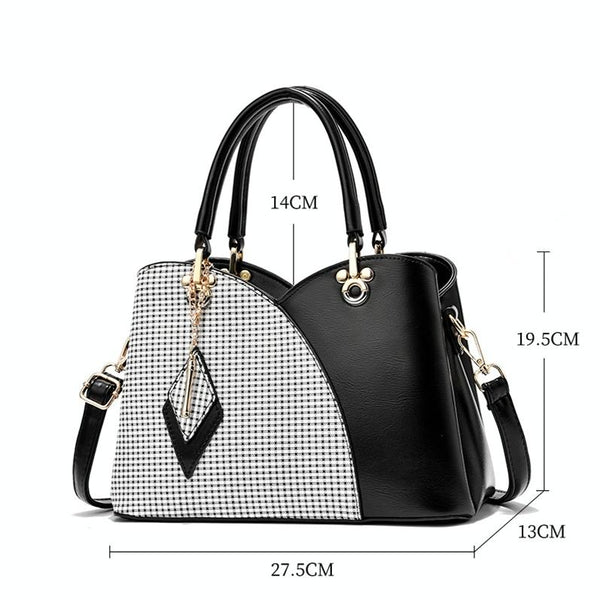 Faux PU Leather Tulip Top Checked Bucket Shoulder Bag Handbag Black