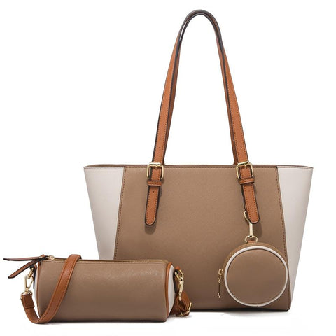 3 Pce Faux PU Leather Tote Shoulder Crossbody Bag Coin Purse Coffee