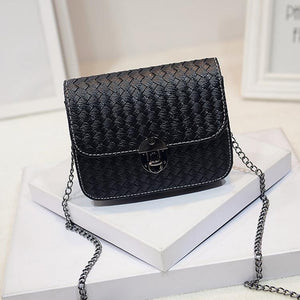 Faux PU Leather Woven Look Small Square Shoulder Bag Chain Strap Black