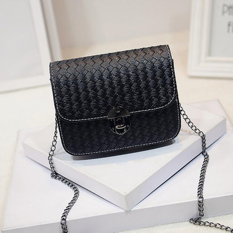 Faux PU Leather Woven Look Small Square Shoulder Bag Chain Strap Black