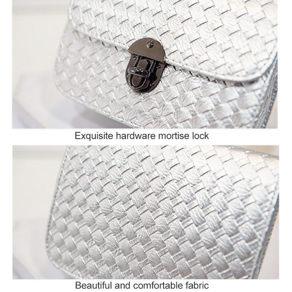 Faux PU Leather Woven Look Small Square Shoulder Bag Chain Strap Black
