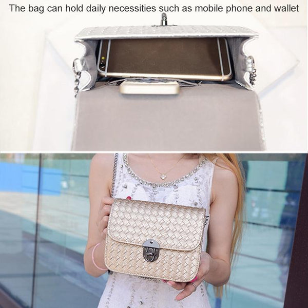 Faux PU Leather Woven Look Small Square Shoulder Bag Chain Strap Black