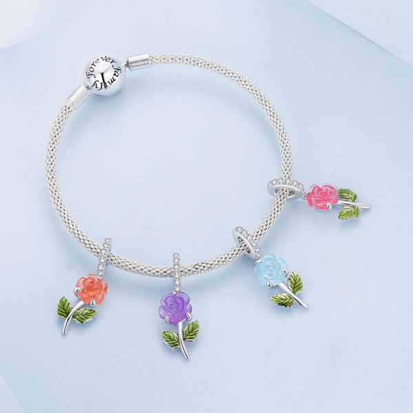 Platinum Plated Sterling Silver Crystal Zircon Flower Charm Bracelet Necklace Purple