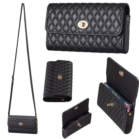 Faux PU Leather Quilted Crossbody Shoulder Clutch Bag Mobile Black