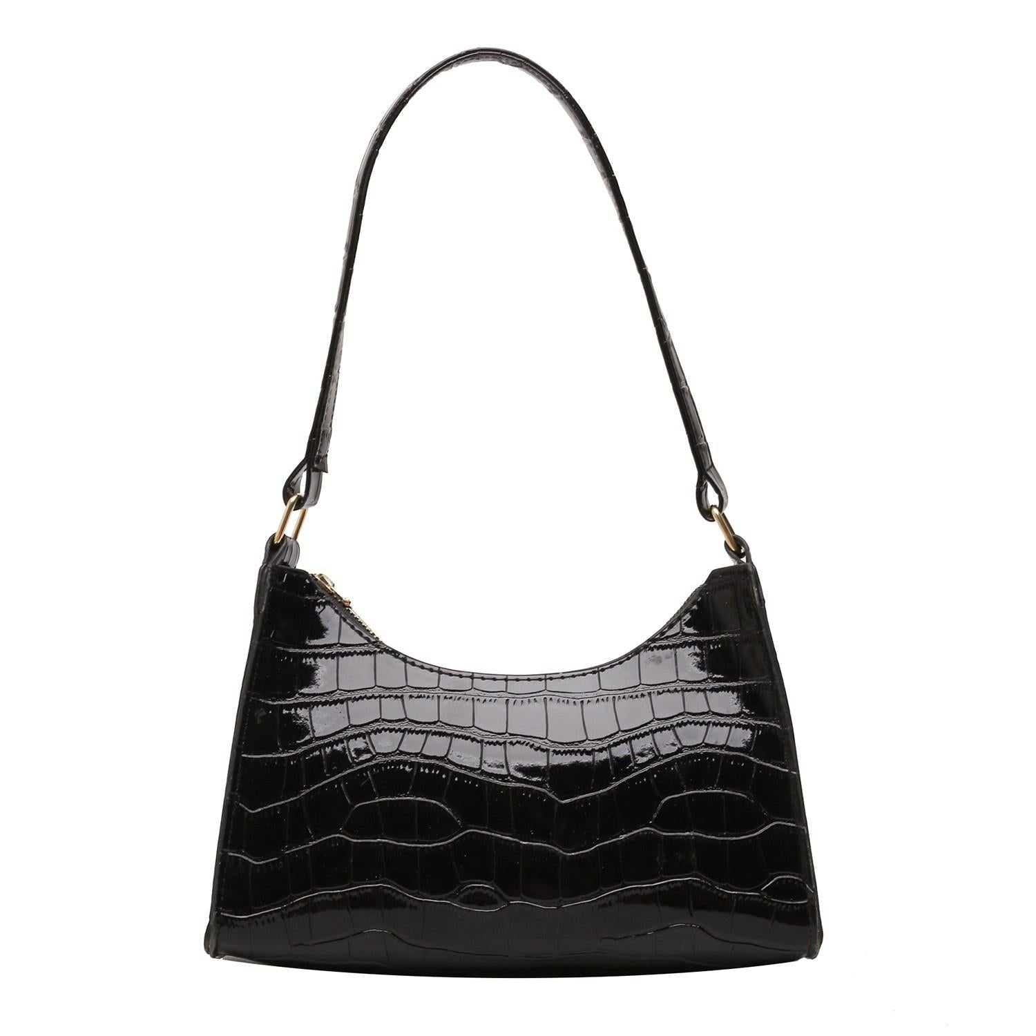 Small Square Stone Pattern PU Leather Underarm Shoulder Bag Handbag Black