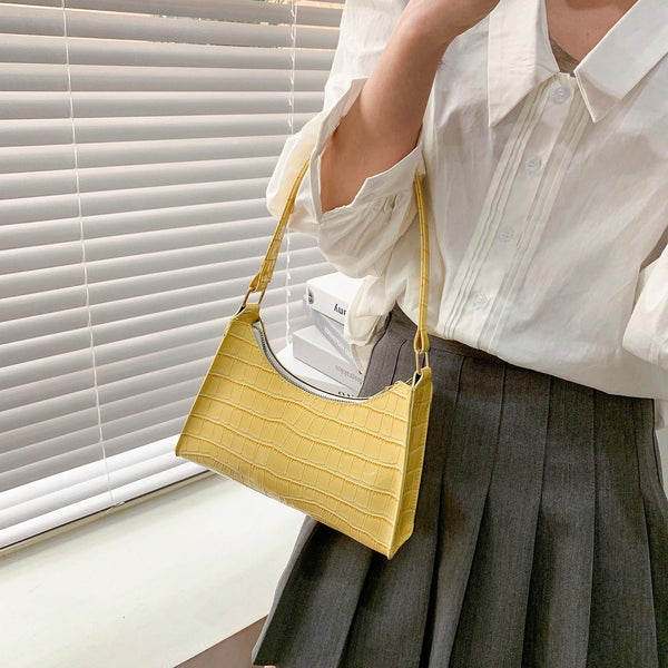 Small Square Stone Pattern PU Leather Underarm Shoulder Bag Handbag Black