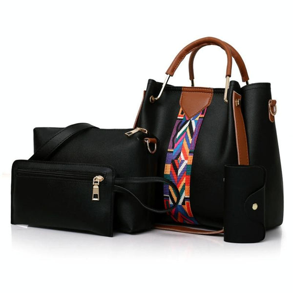 4 Piece PU Leather Tote Shoulder Clutch Bag Handbag Wallet Purse Set Black