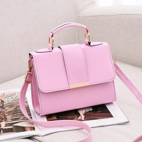 Faux PU Leather Top Handle Flap Shoulder Bag Handbag Gold Accents Pink