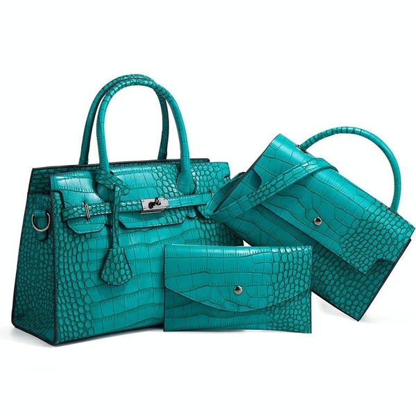 3 Pce Faux PU Crocodile Crossbody Shoulder Tote Purse Bag Set Peacock Green