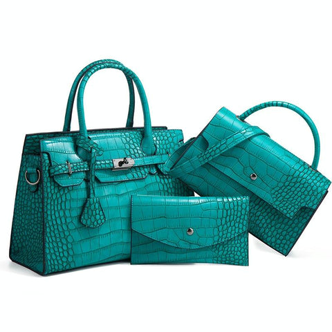 3 Pce Faux PU Crocodile Crossbody Shoulder Tote Purse Bag Set Peacock Green