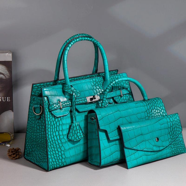 3 Pce Faux PU Crocodile Crossbody Shoulder Tote Purse Bag Set Peacock Green