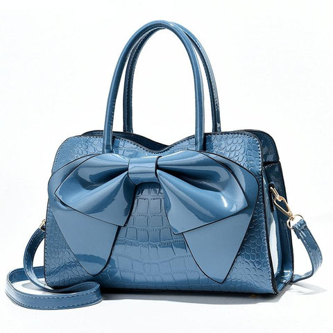 Faux Patent Crocodile PU Leather Womens Shoulder Bag Handbag Bow Design Blue