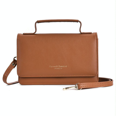Faux PU Leather Versatile Small Shoulder Mobile Phone Bag Brown